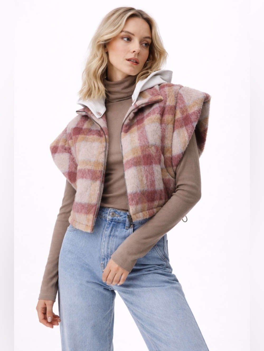 Sundays Adelynn Plaid Hooded Vest Shacket Cozy Fall Boho Chic Size Small